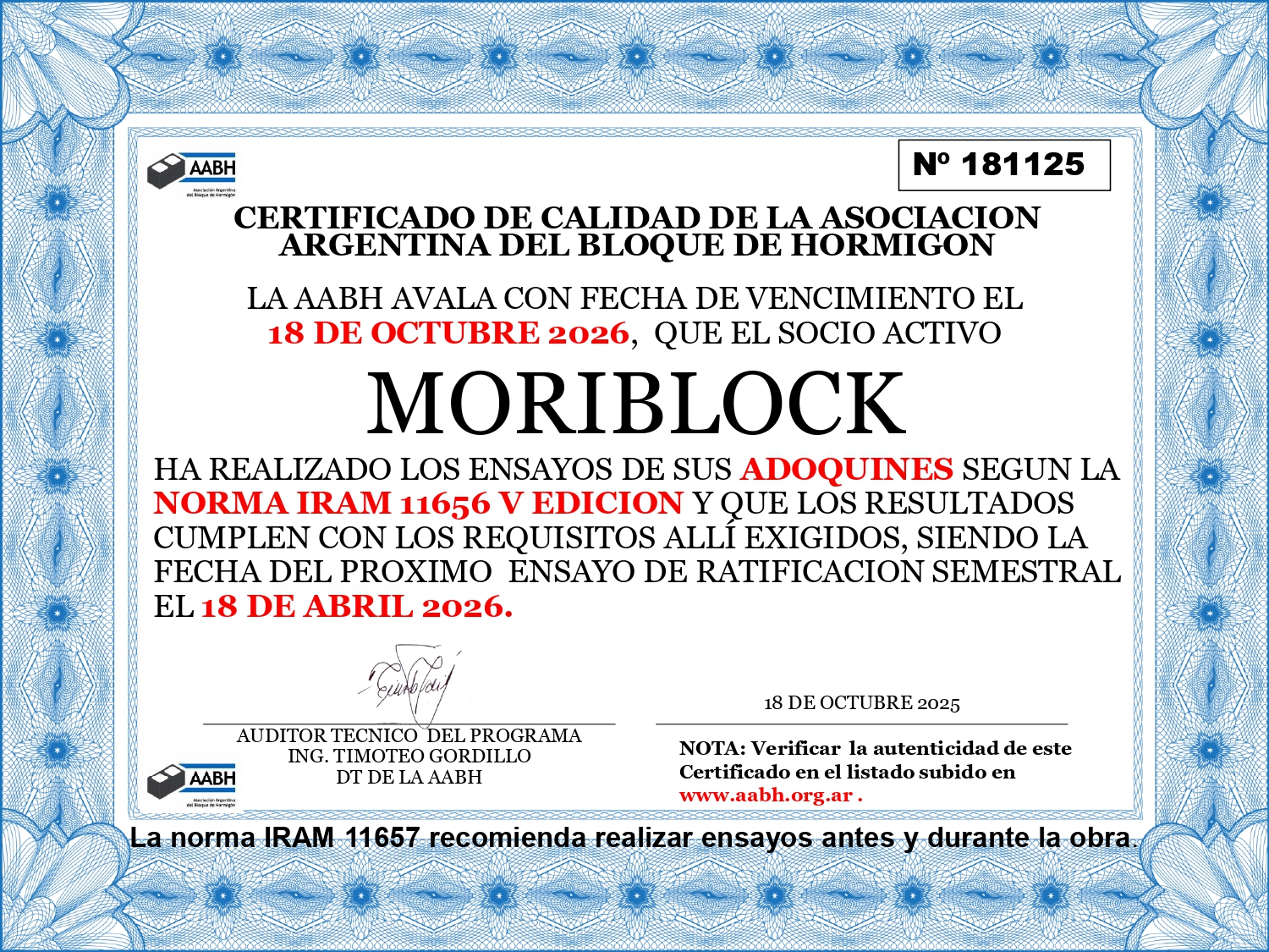 Certificado de calidad de la asociación argentina del bloque de hormigón